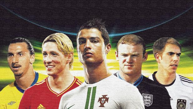 Eine stilisierte Darstellung von fünf Fußballspielern in ihren Nationaltrikots.