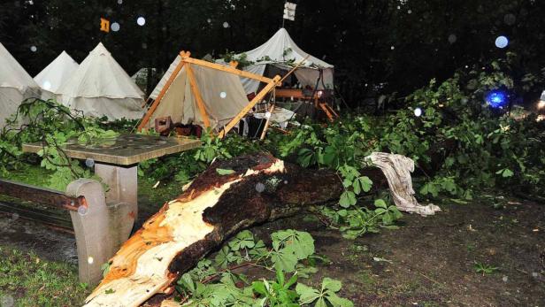 Ein umgestürzter Baum liegt vor beschädigten Zelten auf einem Lagerplatz.
