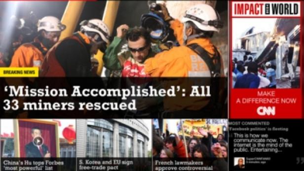 Ein Screenshot der CNN-Website mit der Schlagzeile „Mission Accomplished: Alle 33 Bergleute gerettet“.