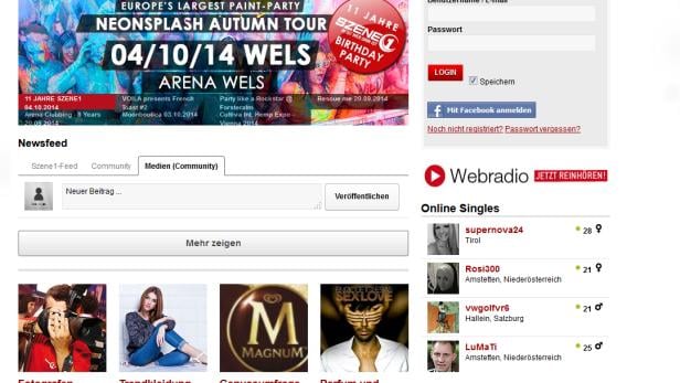 Die Webseite Szene1 mit Werbung für die „NeonSplash Autumn Tour“ und Online-Dating-Funktionen.