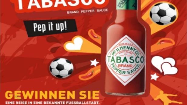 Werbung für Pizza Tabasco mit der Möglichkeit, eine Reise in eine Fußballstadt zu gewinnen.
