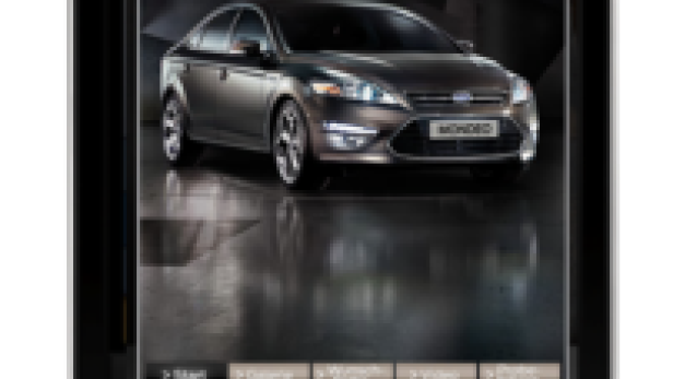 Auf dem Bildschirm eines iPhones wird für den neuen Ford Mondeo geworben.