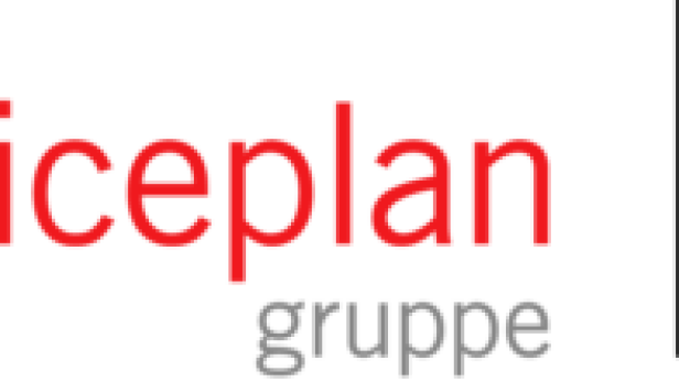 Das Logo der Serviceplan Gruppe mit roter Schrift und einem abstrakten Symbol.