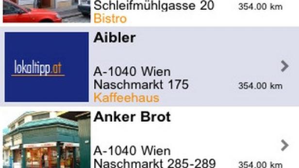 Ein Screenshot der „Lokaltipps“-App mit Einträgen für Restaurants und Cafés in Wien.