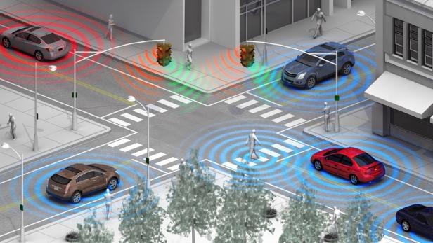Mehrere Autos und Fußgänger an einer Kreuzung mit Ampeln, die durch blaue und rote Wellen hervorgehoben werden.