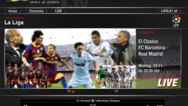 Screenshot der Laola1.tv-Website mit Werbung für „El Clasico“ FC Barcelona gegen Real Madrid.