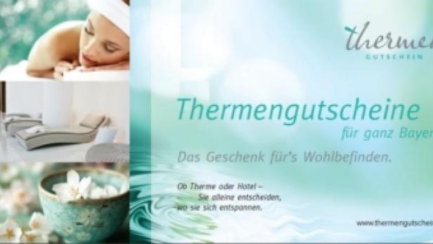 Ein Werbeplakat für Thermengutscheine in Bayern mit Wellness-Motiven.