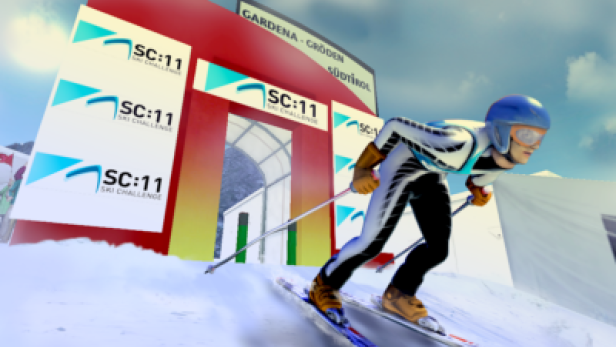 Ein Skifahrer fährt an einem Tor mit der Aufschrift „SC:11 Ski Challenge“ vorbei.