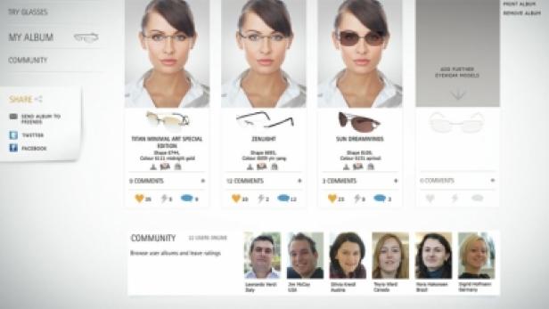 Eine Frau probiert verschiedene Brillenmodelle der Marke Silhouette auf einer Webseite aus.