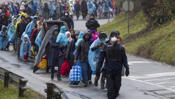 Flüchtlinge auf dem Weg in das Sammelzentrum an der Slowenisch-Österreichischen Grenze im Gebiet von Spielfeld im November 2015.