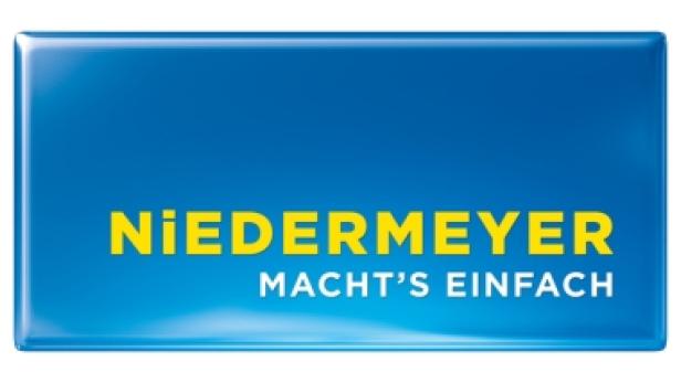 Das Logo von Niedermeyer mit dem Slogan „Macht’s einfach“ auf blauem Grund.