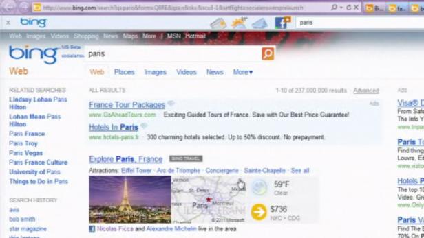 Ein Screenshot der Bing-Suchergebnisse für „Paris“.