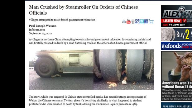 Ein Mann wird von einer Straßenwalze auf Anweisung chinesischer Beamter getötet.