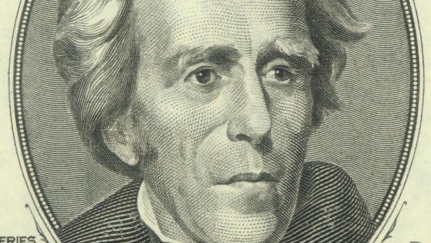 Detailaufnahme des Porträts von Andrew Jackson auf einem Zwanzig-Dollar-Schein.