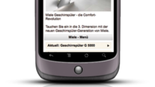 Ein Smartphone zeigt die Miele-Website mit Informationen zu Geschirrspülern.