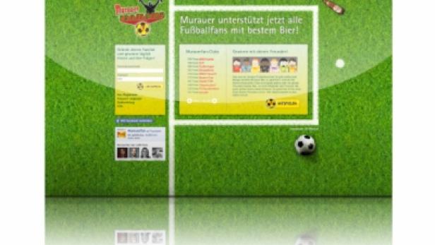Die Webseite von Murauer Bier im Fußball-Design mit dem Slogan „Murauer unterstützt jetzt alle Fußballfans mit bestem Bier!“.