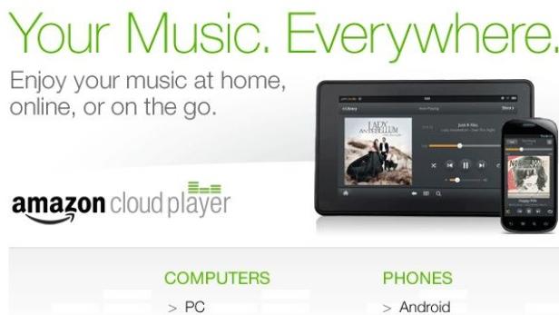 Ein Tablet und ein Smartphone zeigen die Amazon Cloud Player App mit Musikwiedergabe.