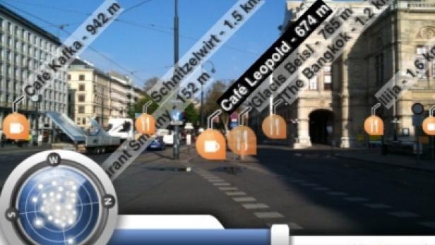 Eine Augmented-Reality-Ansicht von Wien mit Entfernungsangaben zu Cafés und Restaurants.