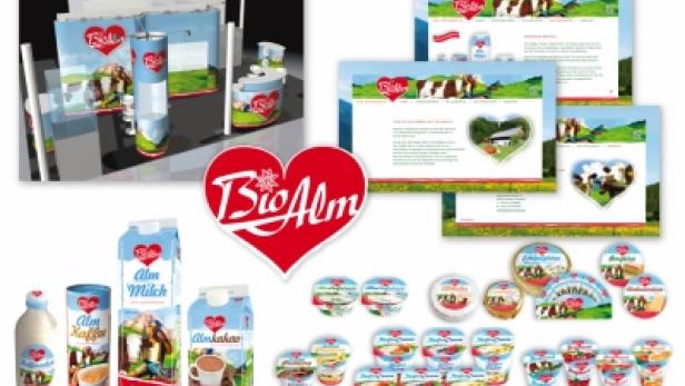 Eine Produktpalette der Marke „Bio Alm“ mit Milchprodukten und Webseiten-Darstellungen.