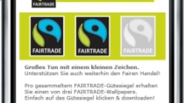 Ein iPhone zeigt eine Webseite mit Informationen über Fairtrade-Produkte und ein Sammelpass-Programm.