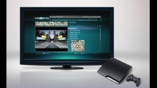 Ein Fernseher zeigt eine Wiedergabeliste neben einer Playstation 3 und einem Controller.