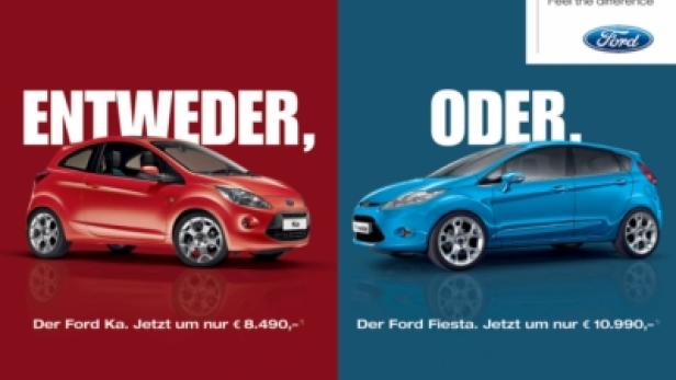 Eine Werbung für den Ford Ka und den Ford Fiesta, präsentiert mit den Worten „Entweder, oder.“.