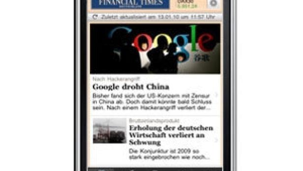 Ein iPhone zeigt einen Artikel der Financial Times über Google und China.