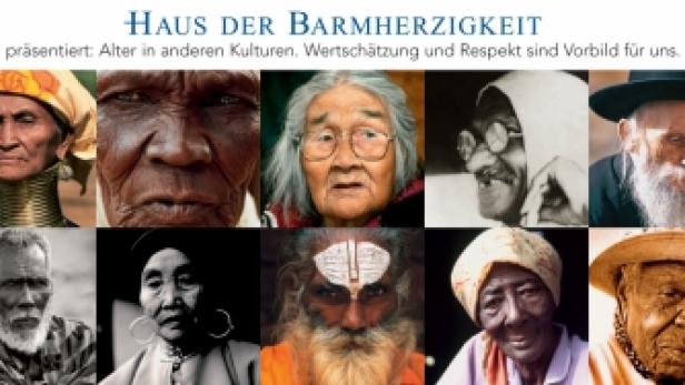 Collage von Porträts älterer Menschen aus verschiedenen Kulturen unter dem Titel „Haus der Barmherzigkeit“.