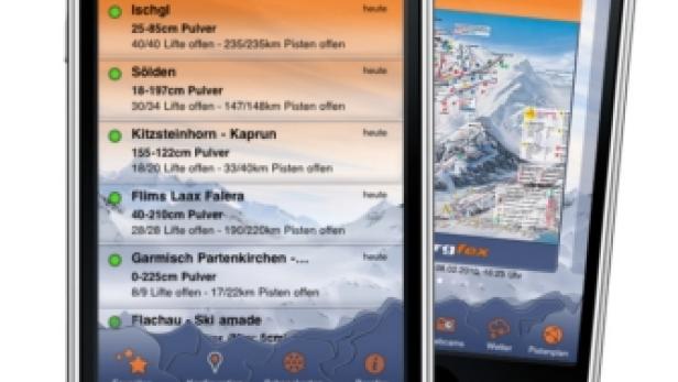 Zwei iPhones zeigen die Bergfex-App mit Informationen zu Schnee und geöffneten Pisten in verschiedenen Skiorten.