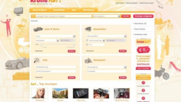 Die Webseite krone.at zeigt Suchfelder für Auto & Motor, Immobilien, Jobs und Marktplatz.