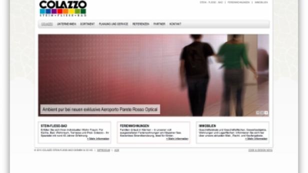 Die Webseite von Colazzo Stein Fliese Bad mit dem Slogan „Ambient pur bei neuen exklusive Aeroporto Parete Rosso Optical“.