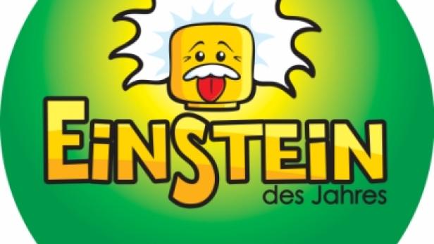 Das Logo für „Einstein des Jahres“ von Lego mit einer Cartoon-Version von Albert Einstein.
