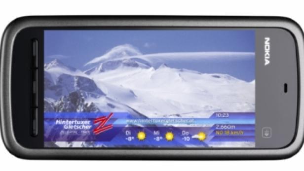 Ein Nokia-Handy zeigt eine Wettervorhersage für den Hintertuxer Gletscher.