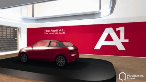 Ein roter Audi A1 steht auf einer Drehscheibe vor einer roten Wand mit dem A1-Logo.