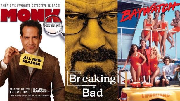Die Cover der Fernsehserien „Monk“, „Breaking Bad“ und „Baywatch“ sind zu sehen.