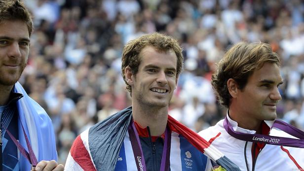 Andy Murray, Juan Martín del Potro und Roger Federer bei den Olympischen Spielen 2012 in London.