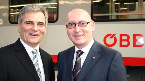Zwei Männer in Anzügen posieren vor einem ÖBB-Zug.