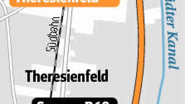 Eine Karte der geplanten B17-Umfahrung Sollenau-Theresienfeld mit verschiedenen Routenvarianten.