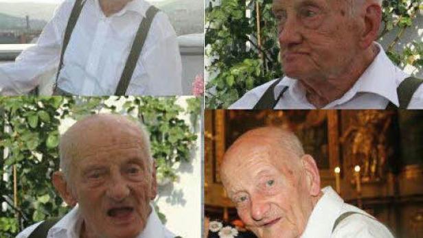 Ein älterer Mann mit Hosenträgern ist in vier verschiedenen Posen zu sehen.