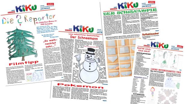Mehrere Seiten der Kinderzeitung Kiku mit verschiedenen Artikeln und Illustrationen.