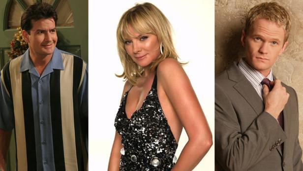 Ein Triptychon mit den Porträts von Charlie Sheen, Kim Cattrall und Neil Patrick Harris.