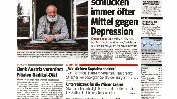 Schlagzeile vom 16.12.2015Österreicher schlucken immer öfter Mittel gegen DepressionKurier