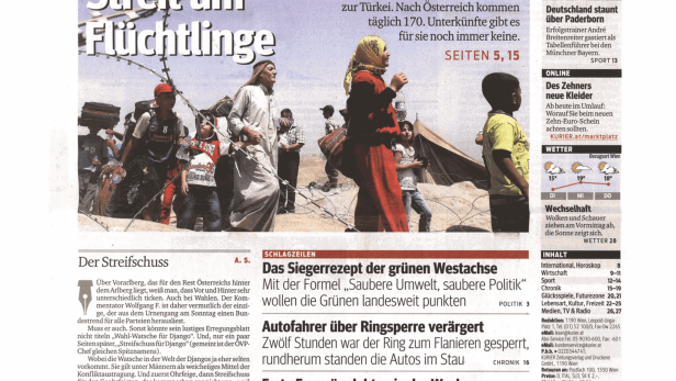Titelseite des Kurier vom 23. September 2014 mit Schlagzeilen zu Flüchtlingen.