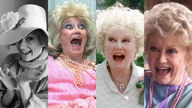 Eine Collage von vier Porträts der Schauspielerin Patricia Routledge in verschiedenen Rollen.