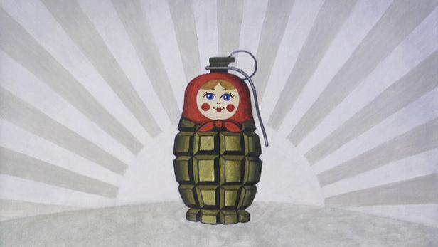 Eine stilisierte Matroschka-Puppe, die als Handgranate dargestellt ist.