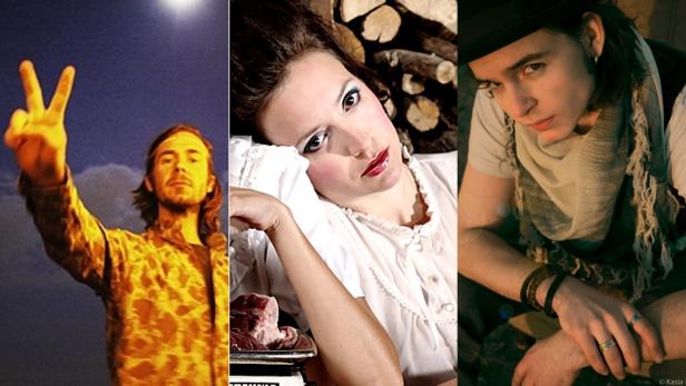 Eine Collage mit drei Porträts von einem Mann mit Victory-Zeichen, einer Frau mit Fleisch und einem Mann mit Hut und Schal.