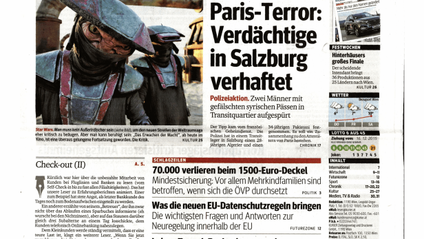 Schlagzeile vom 17.12.2015Paris-Terror: Verdächtige in Salzburg verhaftetKurier