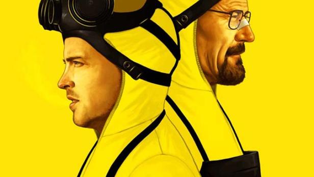 Walter White und Jesse Pinkman aus „Breaking Bad“ in gelben Schutzanzügen vor gelbem Hintergrund.
