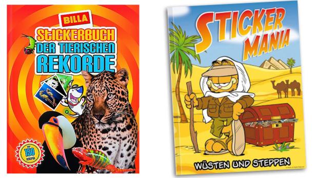 Zwei Stickerbücher: „Stickerbuch der tierischen Rekorde“ und „Sticker Mania: Wüsten und Steppen“.