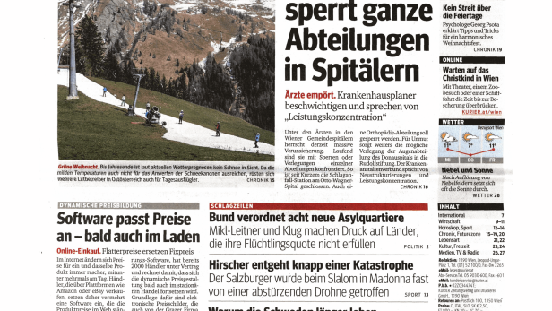 Schlagzeile vom 23.12.2015Stadt Wien sperrt ganze Abteilungen in SpitälernKurier